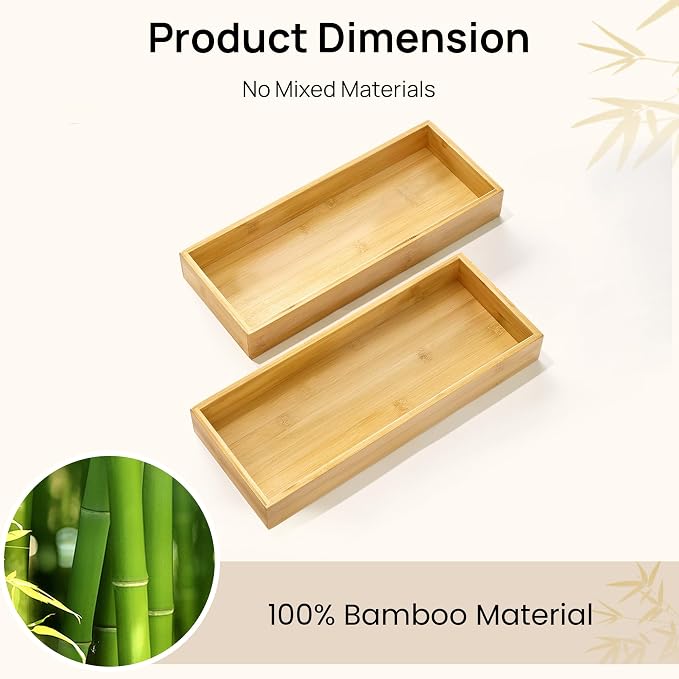 Vtopmart 2 Pack Bamboo Drawer Organizer Boxes, Junk Drawer Storage Trays | Natural Bamboo Storage Dividers for Kitchen, Bathroom, Office & Vanity Drawers, Organize Jewelry, Makeup, Tools & Essentials