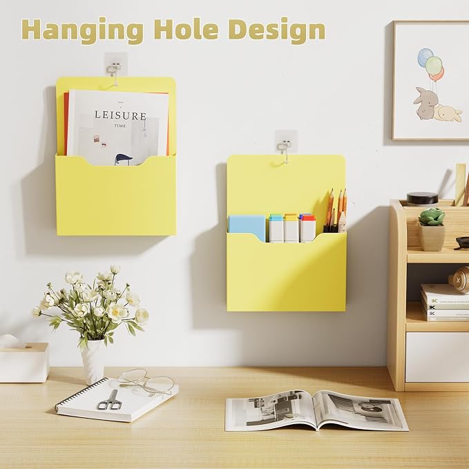 Marbrasse 2 Pack Magnetic File Holder - Paper Holder, Pocket Organizer,Hanging Wall File Organizer Office Supplies Storage, Magazine Mail Organizer Case for Notebooks,Planners,Letter (Yellow)
