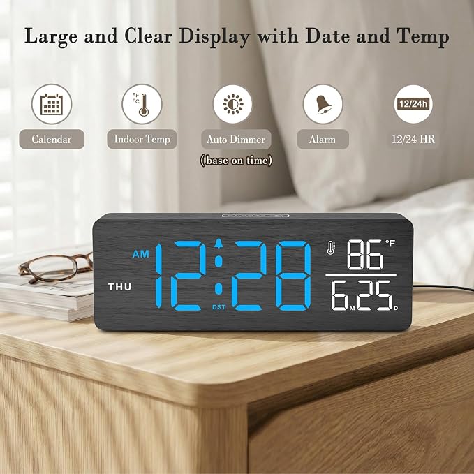 DreamSky Wooden Digital Alarm Clock with Date & Day of Week for Bedroom | Large Display Desk Clock for Living Room, Temperature, Dimmer, Adjustable Volume, Auto DST, Office Wood Décor (Plug-in)