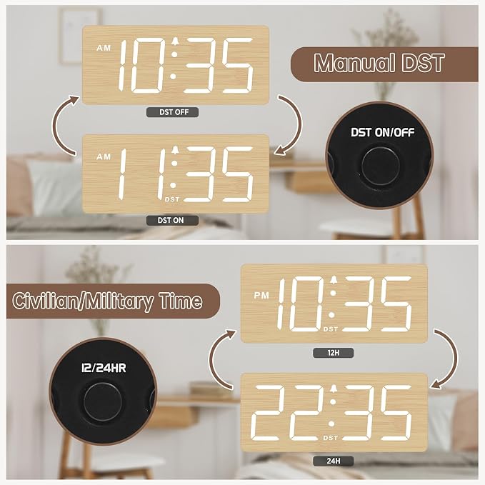DreamSky Wooden Digital Alarm Clock for Bedroom with Large Numbers | Desk Clock for Living Room Office, Loud Alarm for Heavy Sleepers Adults, Volume Control, Dimmer, DST, Wood Decor (Plug-in)