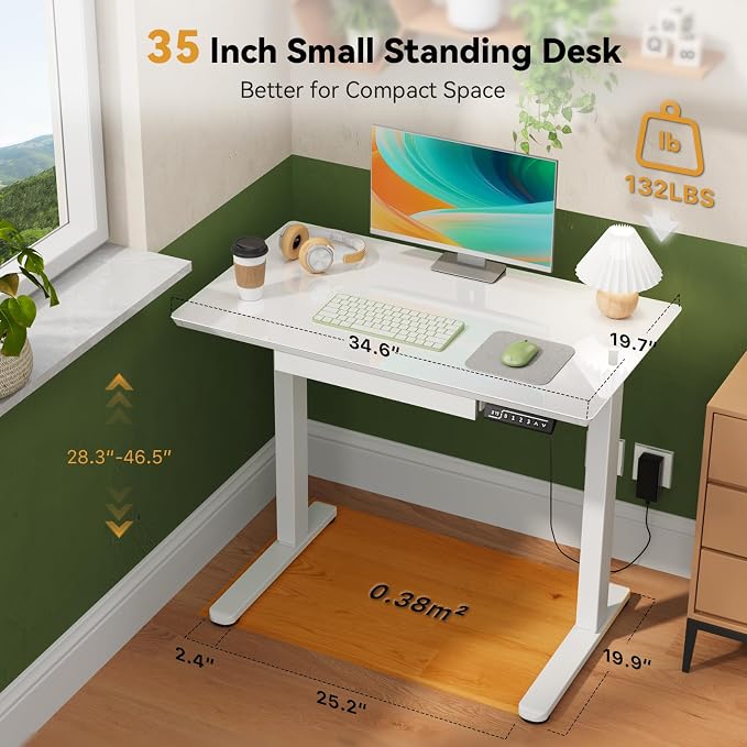 Gibbon Mounts 35” White Glass Standing Desk Height Adjustable with Drawer | Electric One-Piece Rising Whiteboard Table on Lockable Wheels, Mobile Small Rolling Laptop Cart for Work, Drawing, Crafting