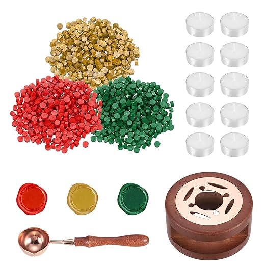 PATIKIL Wax Seal Kit, 300 Pcs Wax Sealing Beads, Wooden Warmer, Melted Spoon, 10 Pcs Tealight Candles for Envelope Letter Mailing Crafts DIY, Gold/Red/Pine Green
