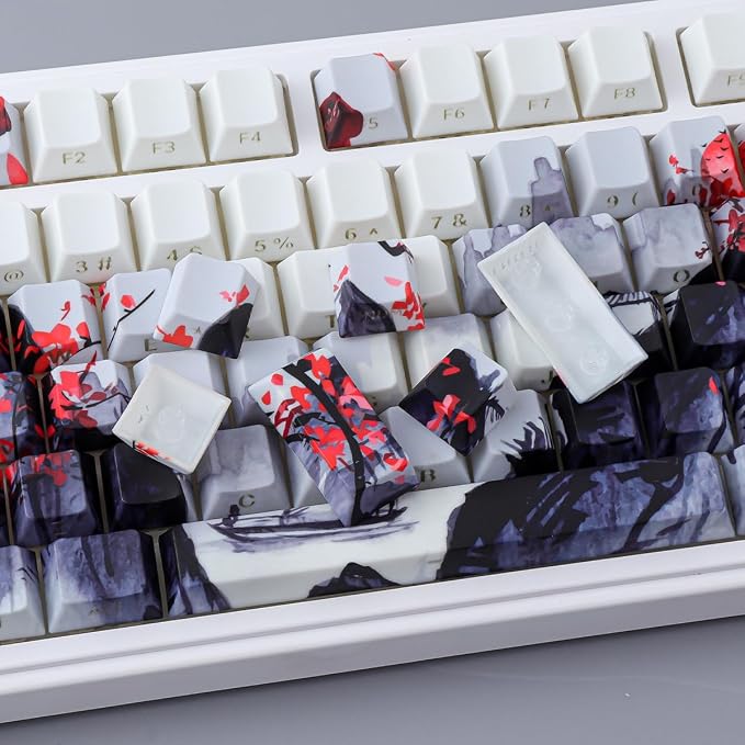 JOMKIZ Ink Painting Keycaps, Red Plum Blossom Landscape Cherry Profile Custom Keycap Set, 130-Key PBT Side-Printed Shine-Through Keycaps for Mechanical Keyboards