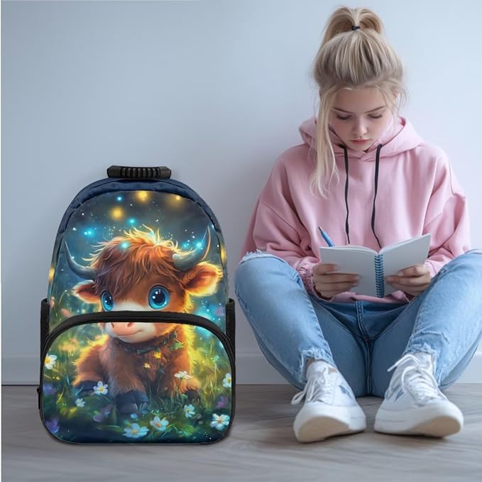 Ystardream Elementary School Backpack for Girls Lovely Highland Cow Backpack and Lunch Box Set for Boys 4 Pcs School Bags for Teen Student Back To School Book Bag with Pencil Case,Water Bottle Sleeve