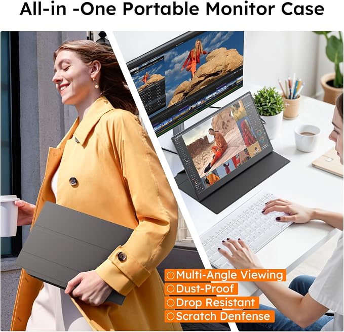 15.6" Portable Monitor with Smart Cover, FHD 1080P IPS Travel Monitor for Laptop, Built-in Speaker& Stand, USB-C&Mini HDMI Screen Extender for Laptop Mac PC Phone Xbox PS4/5 Switch with Stand Case