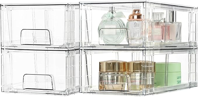 Vtopmart 2 Pack Stackable Clear Drawer with Dividers | Clear Drawer Organizers with Removable Dividers for Flexible storage. Stackable, Non-slip, for Fridge, Under Sink & Bthroom