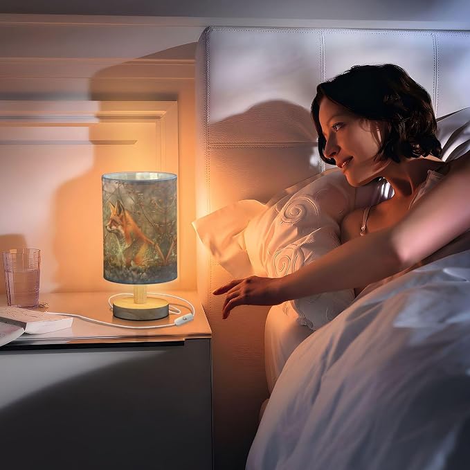 Table Lamp Fox in Forest Nightstand Lamp with Wood Base Fabric Lamp Shade Bedside Desk Lamp for Living Room Bedroom Kids Room Office
