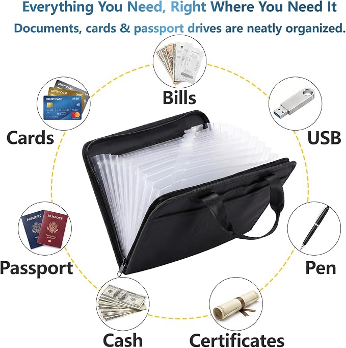 Fireproof Accordion File Organizer Bag A4 13 Pockets Expandable Document Folder with Handle Portable Important Document Storage Case Fire Resistant File Organizer for Home Office Travel Black