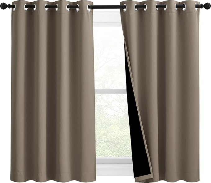 NICETOWN 100% Blackout Curtains with Black Liners, Solid Thermal Insulated Full Blackout 2-Layer Lined Drapes, Energy Efficiency Window Draperies for Bedroom (2 Panels, 46" W by 54" L, Taupe)