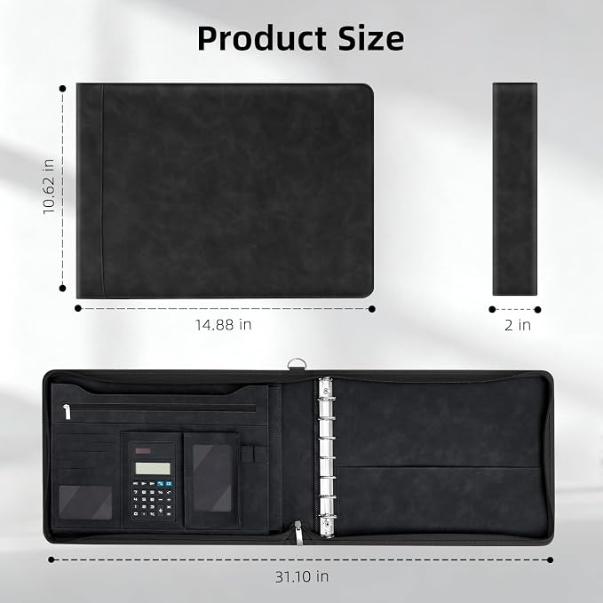 Ospelelf Black Zippered 7 Ring Check Binder for Business Checks (9" x 13"), 1 Inch Faux Leather Checkbook Portfolio with Zipper Pouch, Professional Binder Organizer for Accountants, Home Use