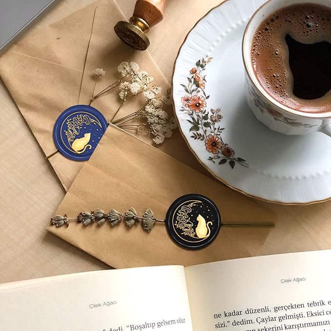 PH PandaHall Cat Wax Seal Stamp Kit Cat Mushroom Moon Wax Sealing Stamp 30mm Retro Removable Brass Head Stamp with Wooden Handle for Wedding Envelopes Invitation Card Wine Package Gift Decoration