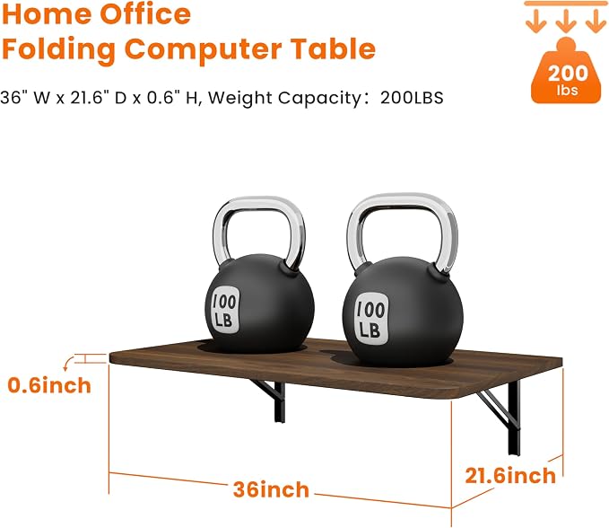 IAE Wall Mounted Floating Foldable Desk, 36" x 22" Folding Computer Workstation Table with Engineered Wood and Metal Shelf Brackets,Fold&Floating Design for Home Office, Apartment,Laundry Room,Walnut