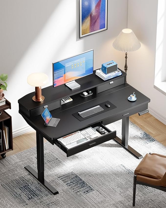 HUANUO 55 x 30 inch Electric Standing Desk with 4 Drawers, Black | Deeper 30 Inch Desktop, Cable Tray, Monitor Mount Support, Grommet Routing, 27.9–46.8 Inch Height Range, Home Office Use