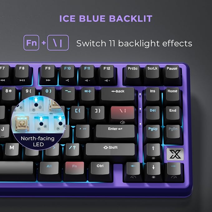 RK ROYAL KLUDGE X87 Mechanical Keyboard 75% Wired Keyboard Gaming with 86 Keys, Gasket Mount, Ice-Blue Backlight, Purple Shell Design, Software Support, Hot-Swappable Creamy Switch Black
