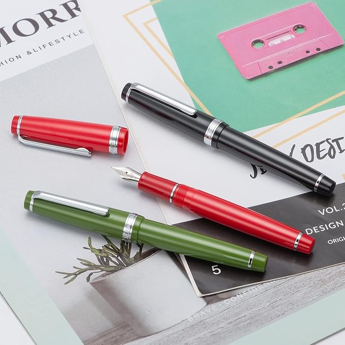 Jinhao 82 Black Acrylic Fountain Pen, Iridium Extra Fine Nib Classic Design Smooth Writing Pen with Ink Converter (Silver Trim)