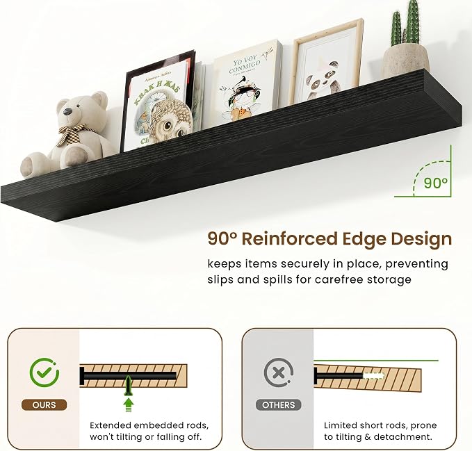 Marsmiles 55in Floating Shelves for Wall, 55" W x 9.25" D x 1.5" H, Long Wall Mounted Engineered Wood Shelves with Invisible Brackets for Living Room, Bedroom, Bathroom, Kitchen, Black, 2Pcs