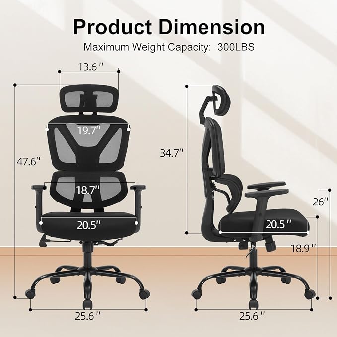 Ergonomic Office Chair Mesh HighBack Adjustable Headrest Arm Lumbar Support | Adjustable Height & Armrests, Lumbar Support Swivel Task Chair, 350LBS Executive Computer Chair for Home Office Study Meeting