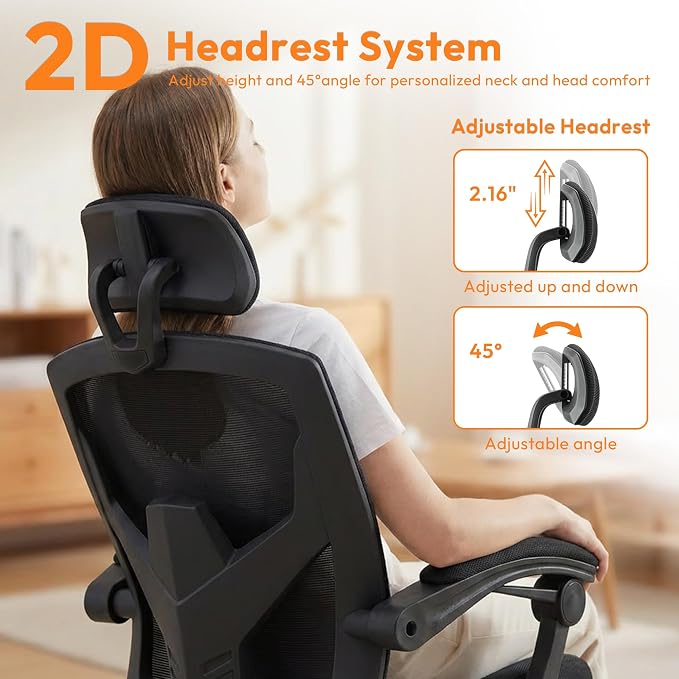Desk Chair with Foot Rest, High-Back Mesh Office Chair with Wheels, Black | Reclining Gaming Chair with Headrest and Adjustable Lumbar Support, 90°-130° Reclining, for Home Office and Gaming