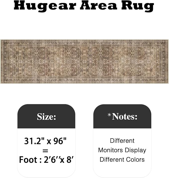 HUGEAR 2'6''x8' Runner Rug Hallway Vintage Brown Machine Washable Retro Floral Low Pile Carpet Distressed Long Throw Rug Bedroom Kitchen Laundry Non Slip Soft Lightweight