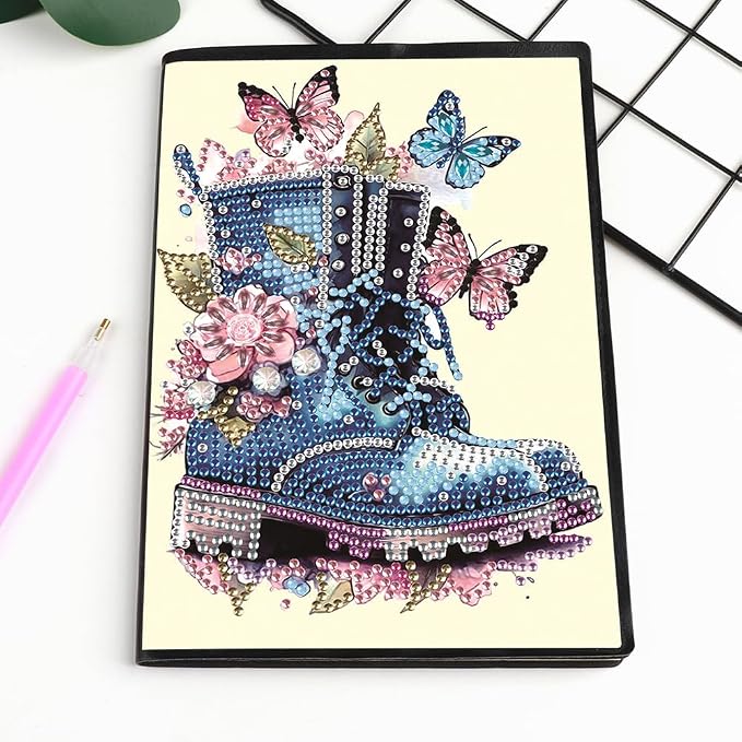 FRANDEK A5 50-Page DIY Butterfly Boots Diamond Art Painting Notebook with Beautiful Patterns, Special Shaped Diamond Art Craft for Beginners Adults Gift