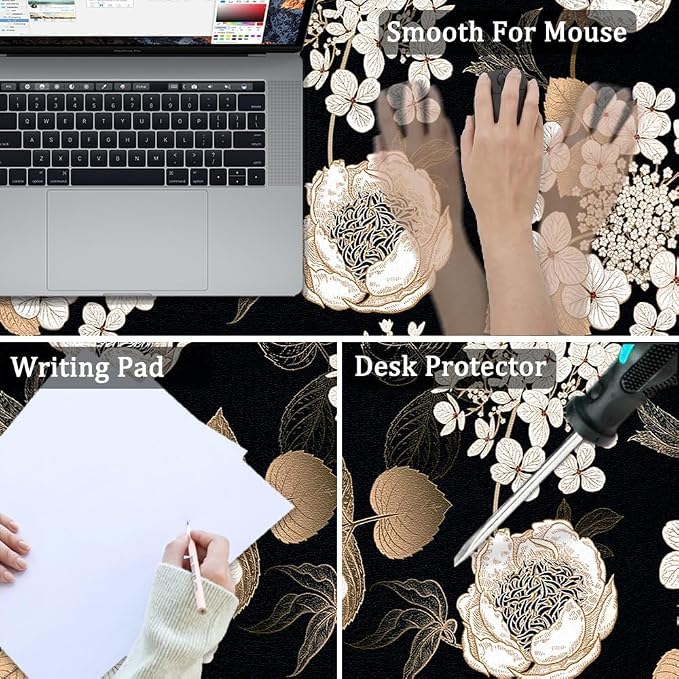 Large Mouse Pad, Desk Mat for Desktop, Dual Side PU Leather Waterproof Gaming Mousepad Desk Pad, Desk Protector Writing Pads Desk Accessories for Office and Home (C-Black Gold Flower, 31.5''X15.8'')