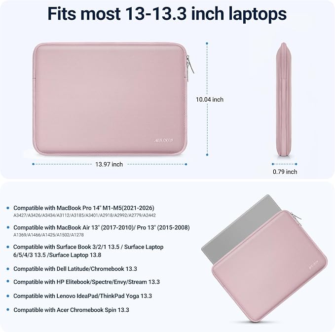 MOSISO Laptop Case 13.3 inch, 13-13.3 inch Laptop Sleeve Bag Compatible with MacBook Air/Pro 13/Pro 14 M5 M4 M3 M2 M1, HP Dell ASUS Lenovo, Neoprene Computer Sleeve Bag with Small Case, Baby Pink