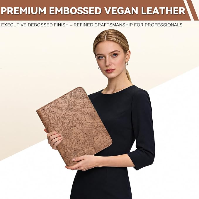 Leathario Portfolio Binder, Includes 5 Sheet Protectors and a Pen, 13 Inch Tablets Organizer, Vegan Leather A4 Padfolio, Multi-Pocket Notepad Business Planner Professional Document