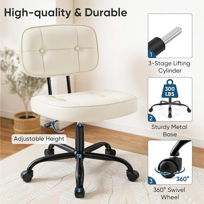 DUMOS Armless Office Desk Chair, Small Vanity Chair with Wheels | PU Leather, Computer Rolling Task, Height Adjustable, Bedroom Living Room, Ivory White