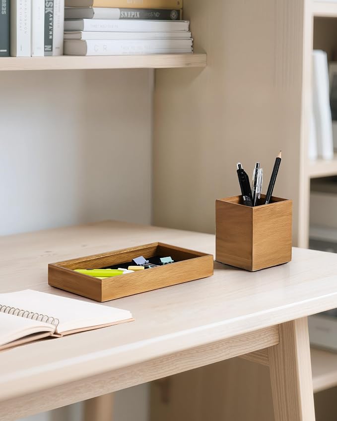 HULISEN Wooden Desk Organizer Tray, Pencil Holder with Felt Lining | Non-Slip Desk Tray Set, Pen Storage Compartment, Space-Saving Design, Desktop Accessory for Room Office & Workspace
