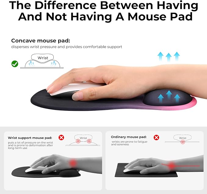 EooCoo Ergonomic Mouse Pad with Gel Wrist Rest Support Middle Concave Design, Relieve Wrist Pain Mousepad, Non-Slip Base for Laptop, Office Desk Accessories, Carpal Tunnel Syndrome Black Pink