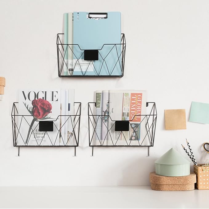 OYEAL Hanging Wall File Organizer Metal Wall File Holder 3 Pockets Mail Organizer Wall Mounted with Hooks for Office Home, Black