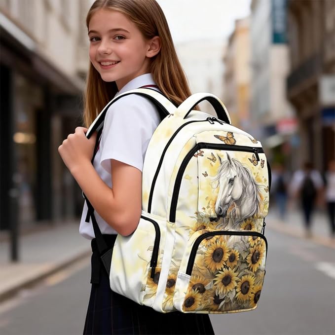 Horse Sunflower Backpack with Lunch Box for School Boys Girls Personalized School Bags 4 in 1 Set Includes Lunch Bag Pencil Case and Water Bottle Holder Back to School Supplies