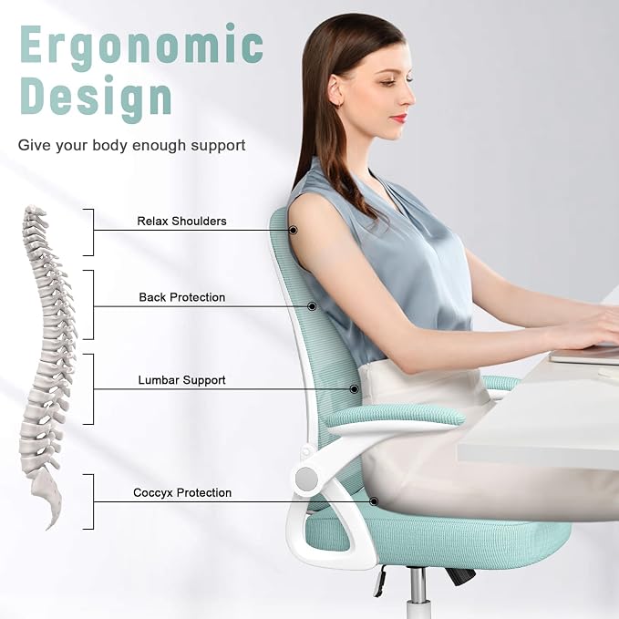 naspaluro Home Office Desk Chair Mid Back with Adjustable Height Green | Comfy Ergonomic Chair with Flip-Up Arm and Lumbar Support, Breathable Mesh Swivel Computer Chair for Study Working Teacher