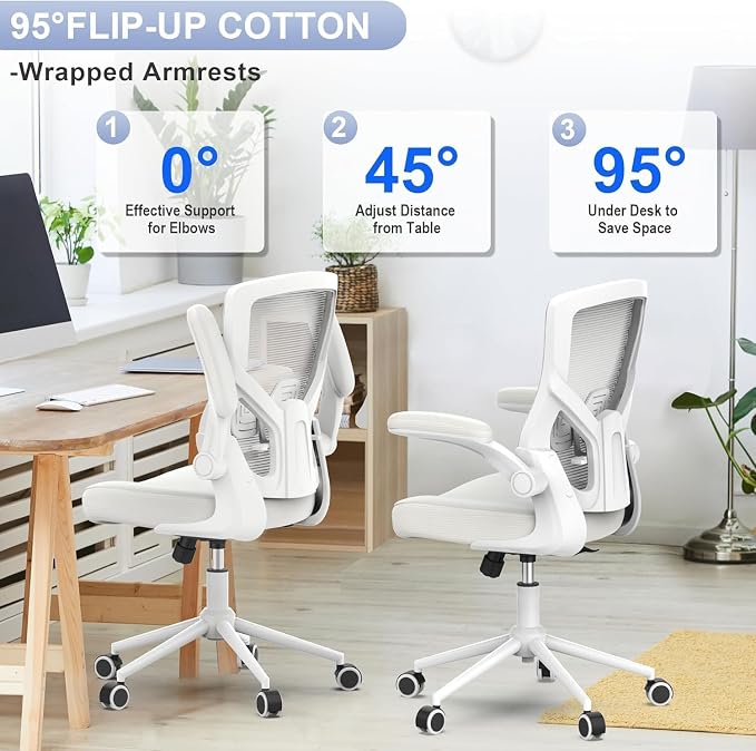 Office Chair for Long Hours & Lower Back Pain Relief – 4" Thick Molded Foam Cushion, Padded Lumbar Support and Flip-up Armrests, Ideal for Office or Study (Modern, White)