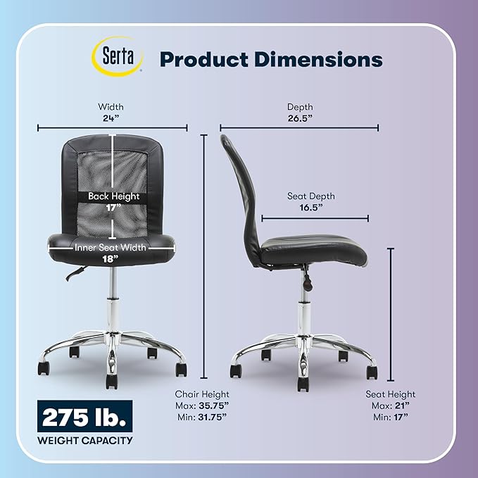 Serta Armless Small Home Desk Chair with Wheels, Ergonomic Mesh Back Chair | Leather & Foam Cushion Seat, Adjustable Height, Small Vanity Chair for Bedroom & Small Spaces, Home Office Desk Chair, Black