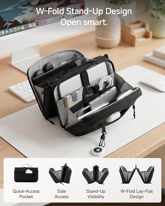 LUGGEX Large Tech Pouch, Cable Organizer Bag with Removable Crossbody Strap, Dual Accessories Bag & Water Resistant for Kindle, Chargers, Cord, Earphone for Travel Office All-in-One, Black CBX01
