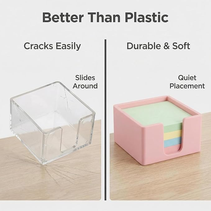 Silicone Sticky Note Holder for Desk - Modern 3x3 Inch Memo Pad Dispenser Post Note Holder, Minimalist Desk Note Storage Organizer for Office, Home, and School, Pink