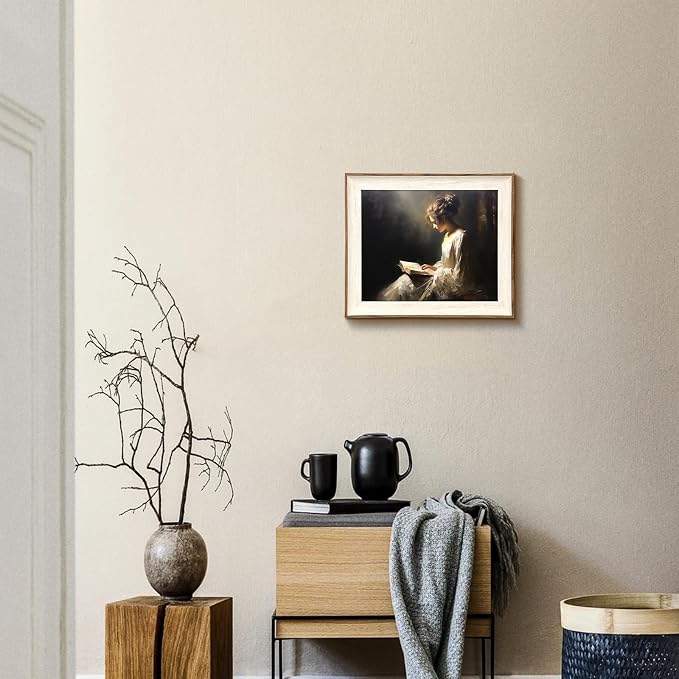 Framed Wall Art Vintage Decor, Classical Reading Woman Portrait Oil Painting, Antique Framed Canvas Print Artwork, Retro Moody Bathroom Decor Vintage Art Wall Decor Aesthetic- 10x12Inch