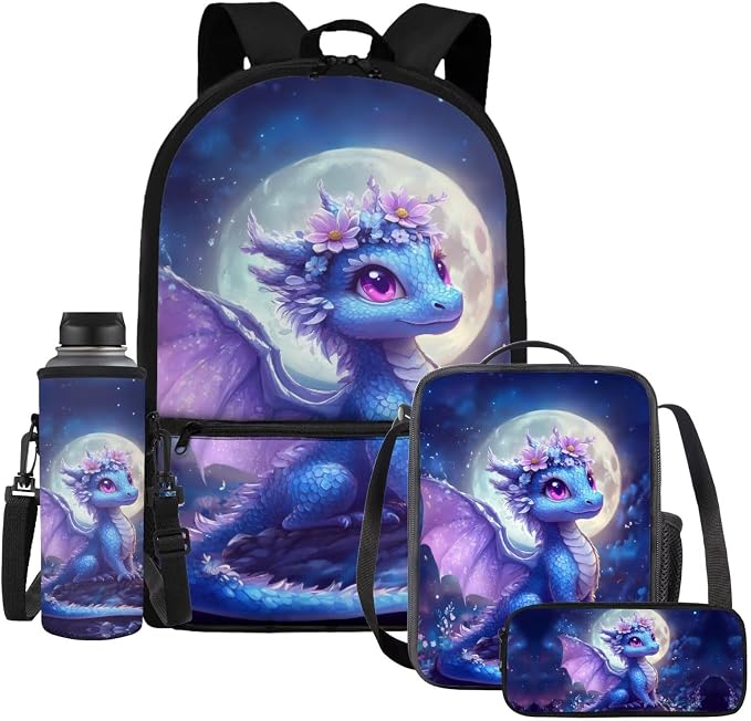 WELLFLYHOM Cute Dragon Backpack for School Girls 6-8 4 in 1 Book Bag with Lunch Box Pencil Case Water Bottle Sleeve Moon Elementary Students School Bag Set Kids Back to School Supplies
