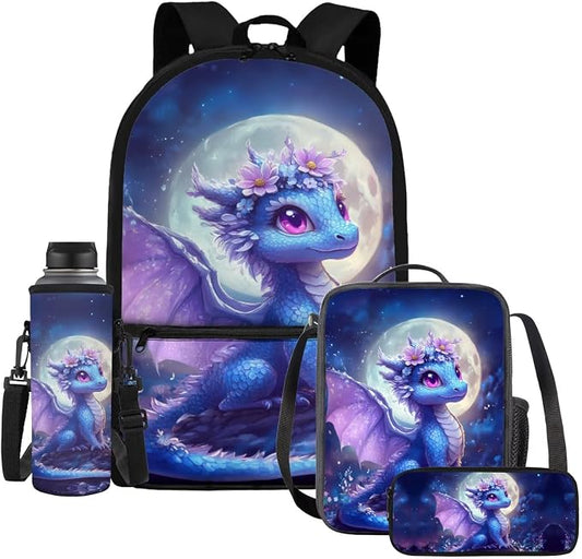 WELLFLYHOM Cute Dragon Backpack for School Girls 6-8 4 in 1 Book Bag with Lunch Box Pencil Case Water Bottle Sleeve Moon Elementary Students School Bag Set Kids Back to School Supplies