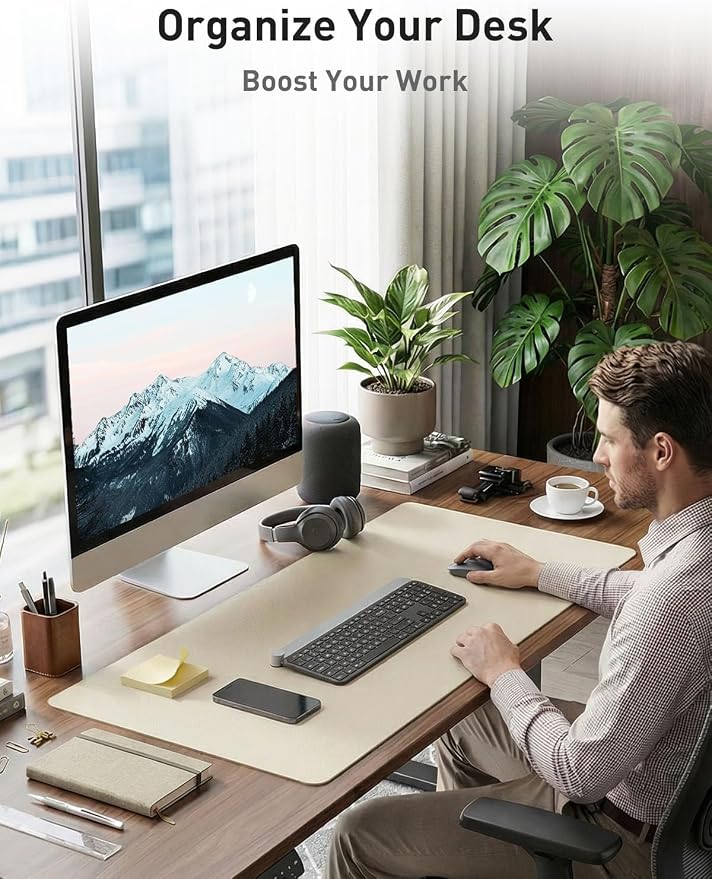 Aothia Faux Leather Desk Mat - Non-Slip PU Leather Desk Blotter, Waterproof Writing Surface, Large Desk Pad for Office & Home (Beige, 55" x 24")
