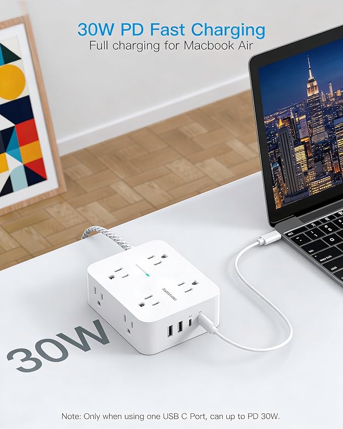 PD 30W USB C Power Strip Surge Protecor, HANYCONY 8 Outlets 4 USB(2 USB C Ports), 1080J Desk Charging Station for Multiple Devices, 15 Ft Flat Plug Extension Cord for College Dorm Room Essentials
