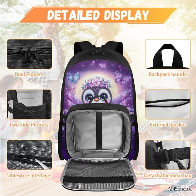 Doojoayie Purple Backpack for Girls Cute Princess Owl School Bags Kids Backpack and Lunch Box Set of 4 Large Capacity Bookbag for Teen Girls Back Back for Kindergarten Student