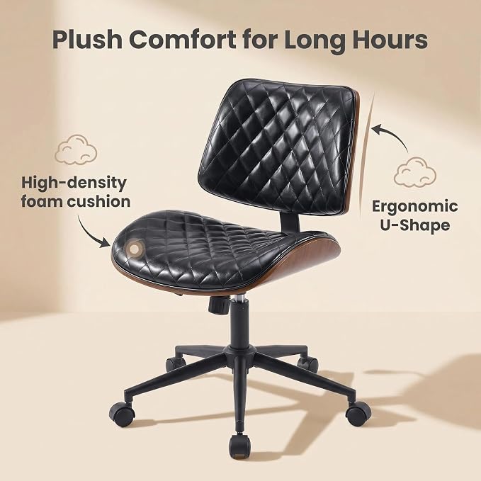 Furnimart Wooden Armless Desk Chair with Wheels, 360° Swivel Faux Leather Vanity Chair for Bedroom, Small Office Computer Task Chair for Home & Compact Spaces (PU Black)