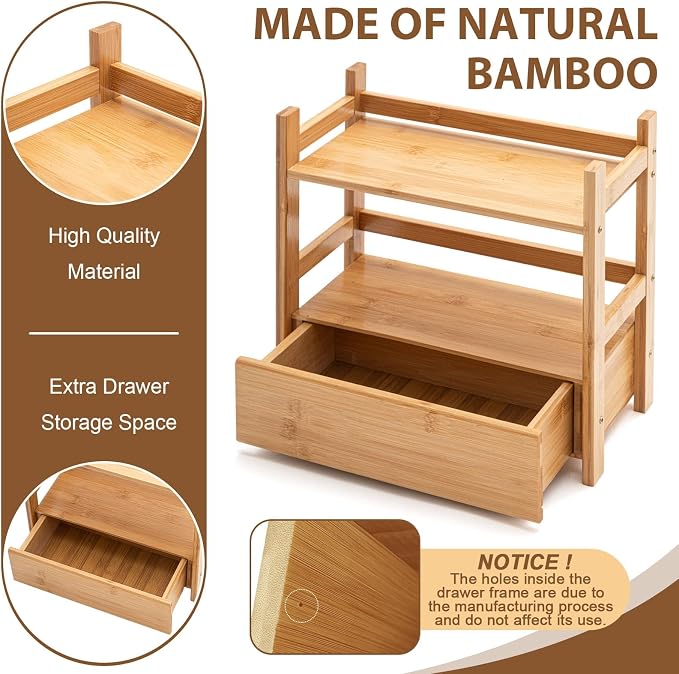 2 Tier Matcha Station Bamboo Organizer with Hidden Drawer, Wood Home Coffee Station Organizer for Kitchen Countertops, Coffee Bars, Kitchen & Office Storage(13 L x 6.5 W x 12.6 H)(Natural)