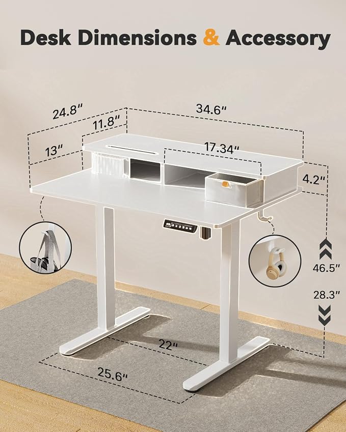 JOY worker 35" Small Electric Standing Desk with Monitor Stand & Storage | White 35" x 25" Height Adjustable Desk for Tight Space, Shutter Door & Drawer, Sit Stand Table with 2 Hooks for Home Office