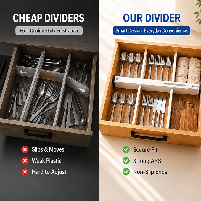 Adjustable Drawer Divider, 1 Pack, Expandable 14.7–21" Drawer Organizer with Non-Slip Ends, Easy Install for Kitchen Drawers, Dressers, Closets & Home Storage, White