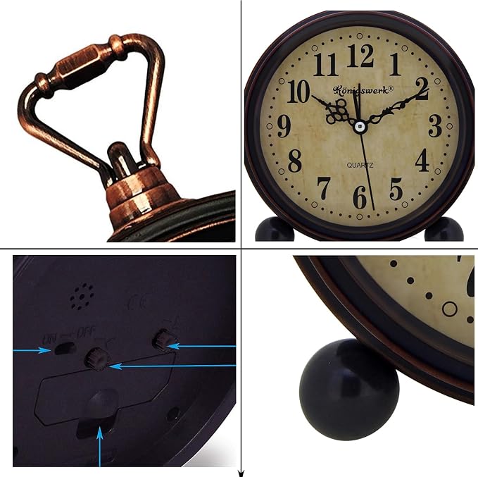 Vintage Analog Alarm Clock | Classic Small 5.25 inch Silent Desk Clock Night Light Battery Operated Table Bedroom