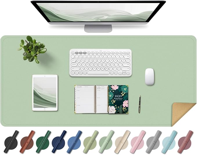 Non Slip Desk Mat, 31.5" x 15.7" PU Leather Desk Pad, Cork Desk Mat for Desktop, Desk Pad for Keyboard and Mouse, Ideal for Office and Home, Light Green