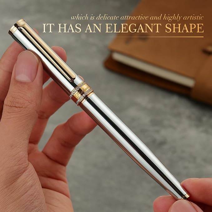BEILUNER Silver Chrome Rollerball Pen, Diamond-Studded Cap Design, 24K Gold Trim, Noble and Elegant, Schneider Ink Refill, Best Pen Gift Set for Women & Men, Professional, Business Office, Nice Pens
